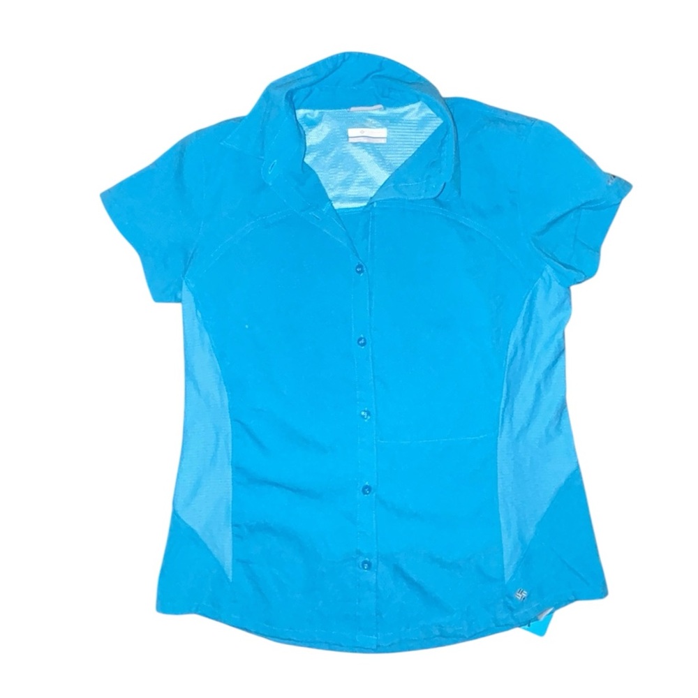 Columbia Women's White Cap Blue Tamiami Short Sleeve Shirt Sz L Button Down